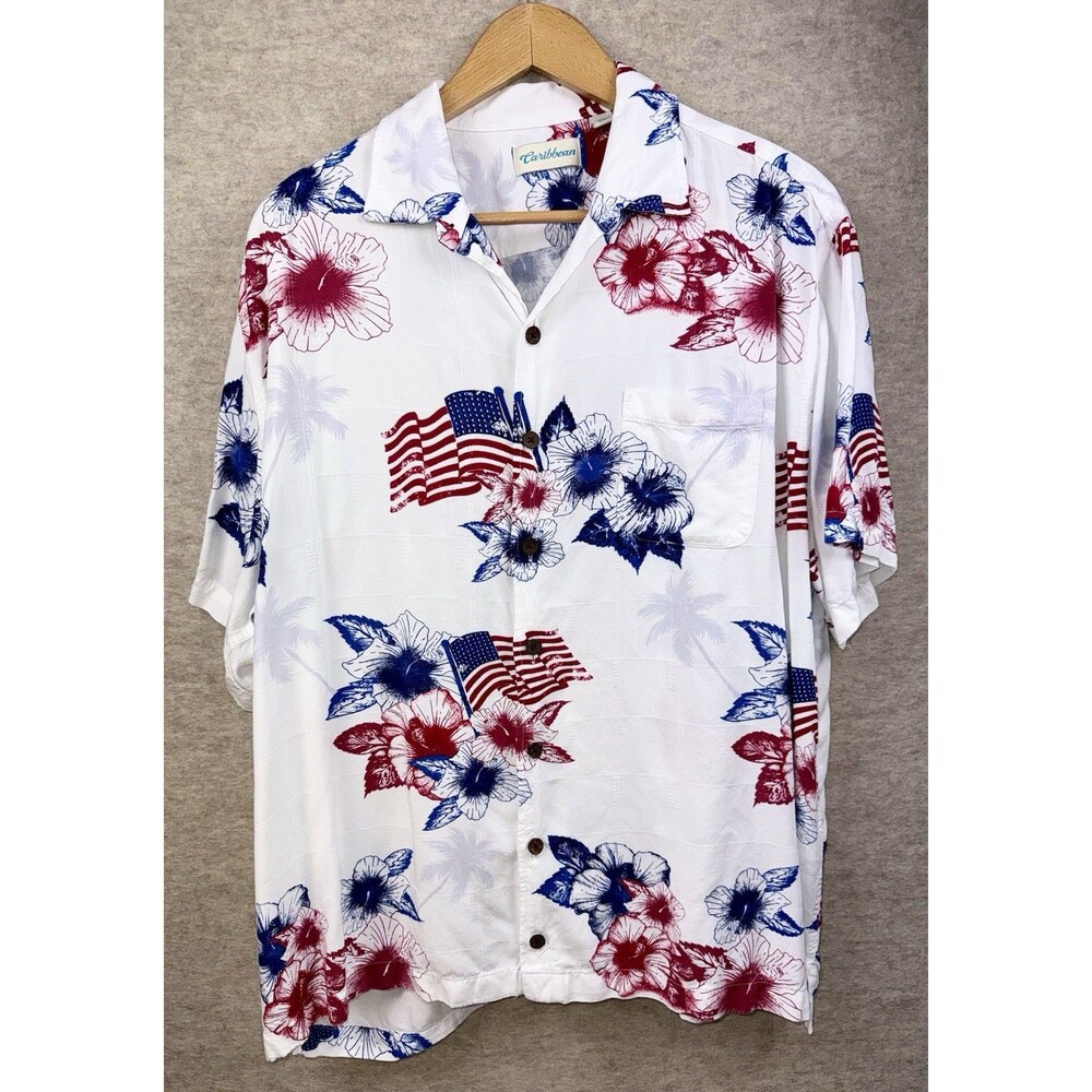 Caribbean Men’s Sz XXL Floral Hawaiian Shirt America 4th Of July Red White Blue